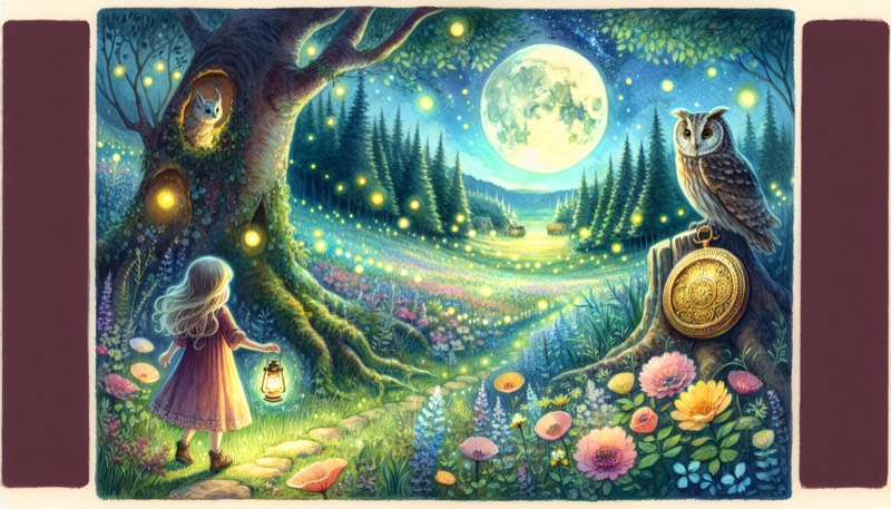 Watercolor scene of a girl carrying a lantern through a moonlit meadow