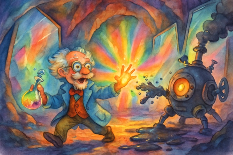 Inventor marveling at a glowing rainbow crystal cave