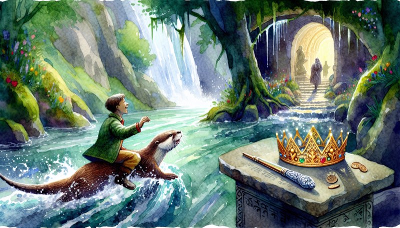 Boy riding an otter through river rapids