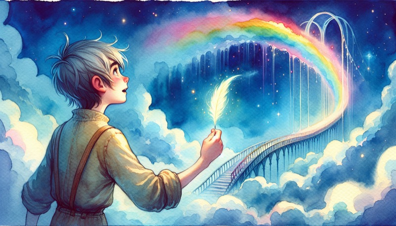 Child discovering a rainbow bridge in the clouds