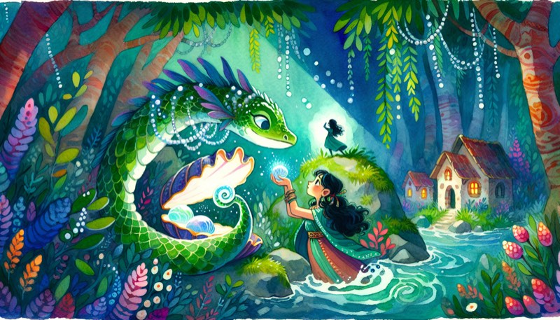 Child befriending a gentle river serpent in a jewel-toned forest