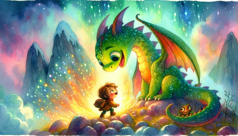 Watercolor scene of a child meeting a friendly dragon on a rocky peak at twilight